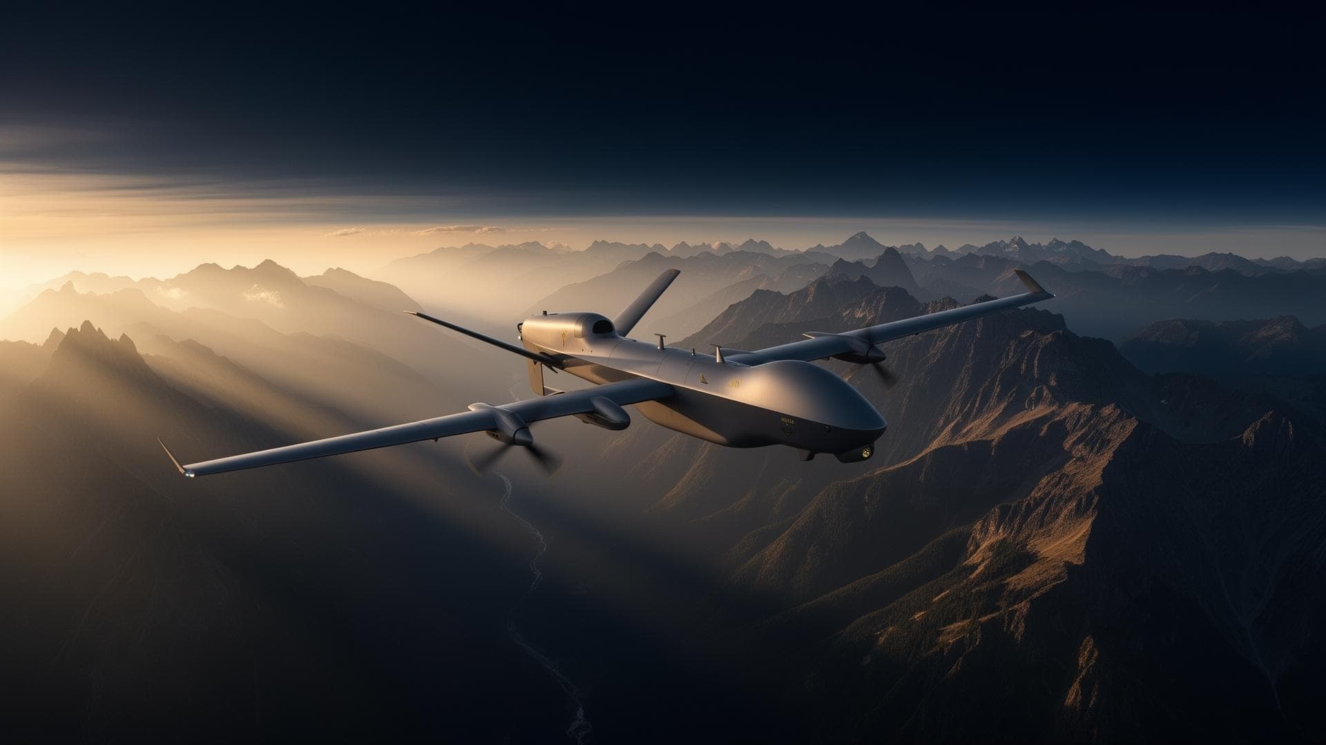 UAV drone in flight over mountains